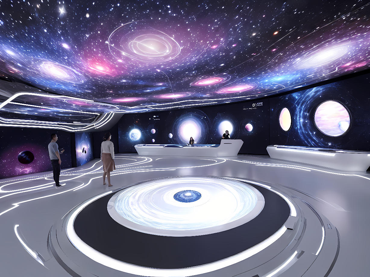 图片展示了一个现代感的室内空间，墙壁和天花板上绘有星系图案，几位参观者正在观看中央展示的星系模型。