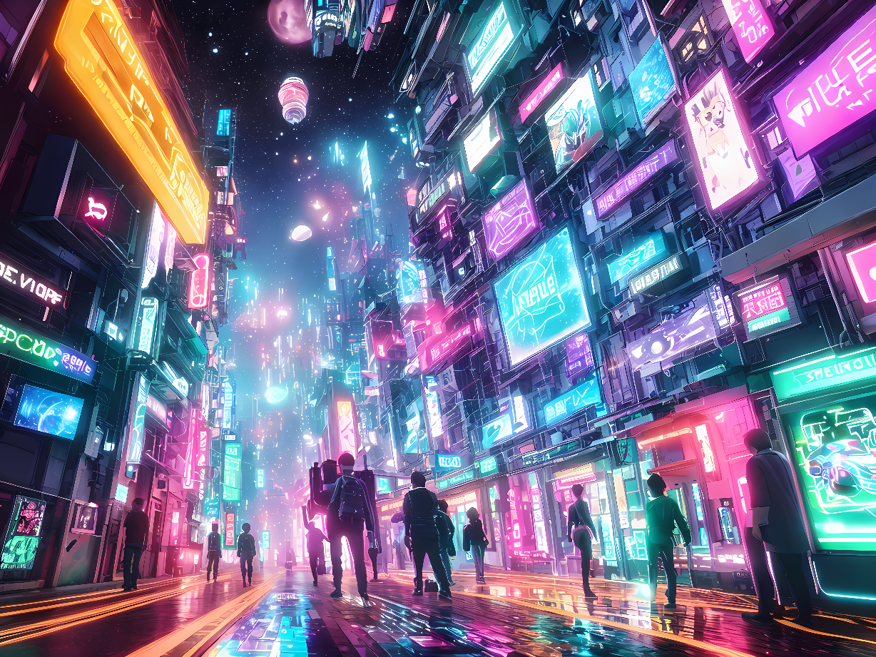 这是一张赛博朋克风格的插画，展示了一个繁华的未来都市夜景，高楼大厦上布满霓虹广告牌，街道上行人匆匆。