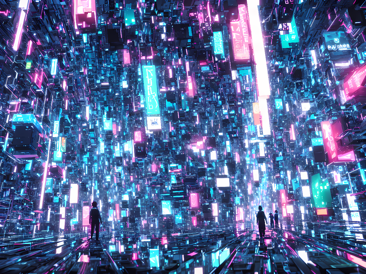 这是一幅充满科幻感的数字艺术图，描绘了两个人物站在光影交错、霓虹广告牌密布的未来都市中。