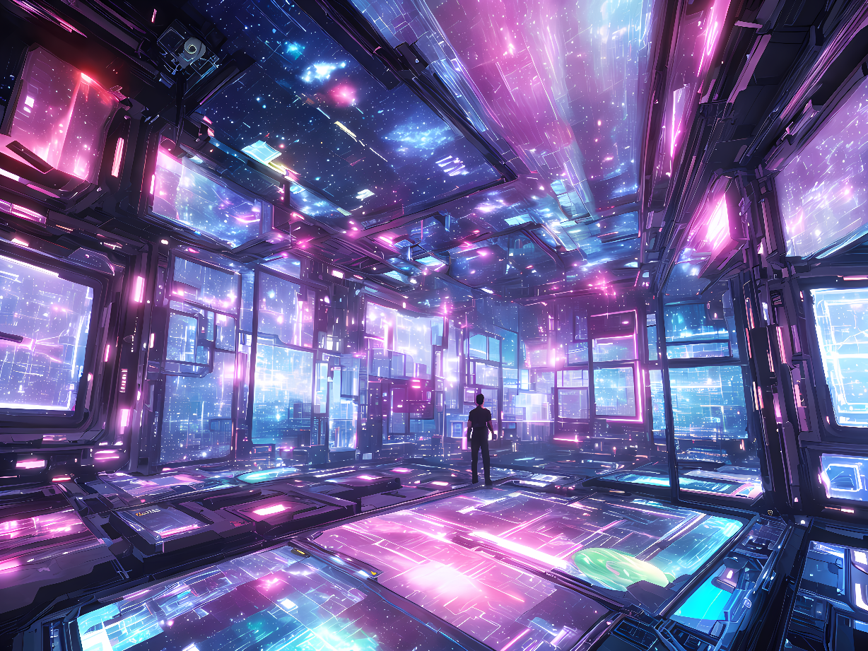 这张图片展示了一位站在高科技控制室内的人，四周是光线和屏幕，营造出一种未来空间站的感觉。