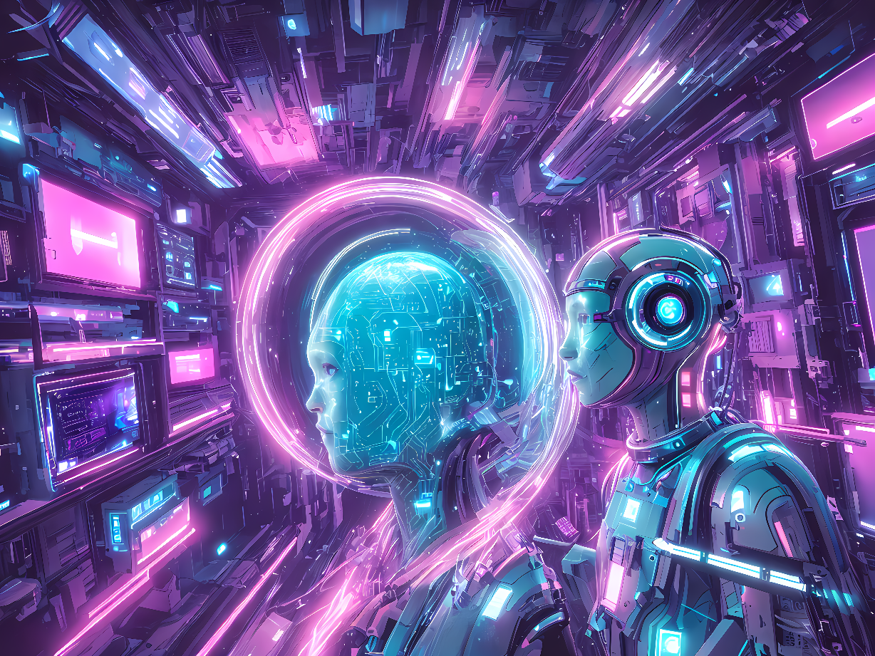 图片展示了一位机器人旁边有一个巨大的头脑，周围是充满未来科技感的紫色调光影和电子设备。
