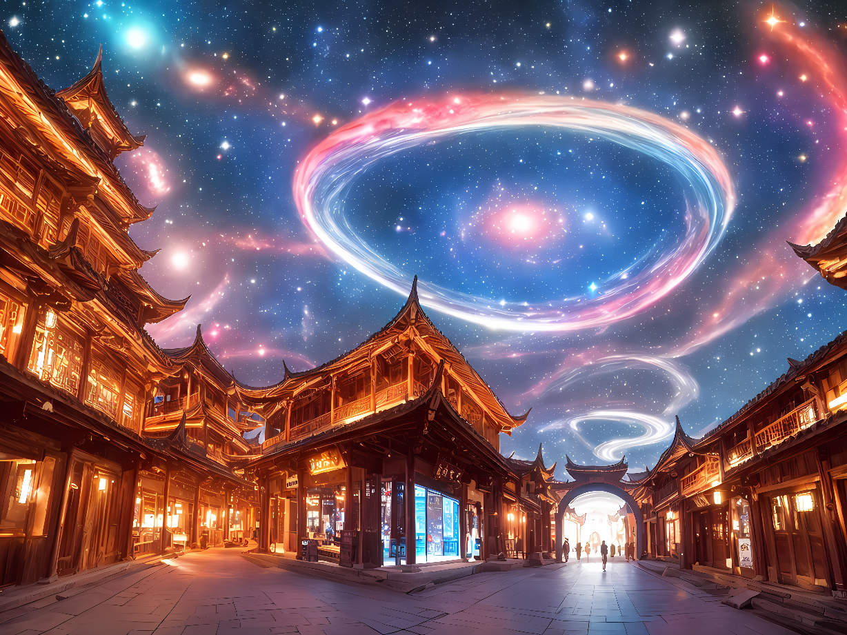 古风建筑街道，夜空中璀璨星辰与奇异光环交织，营造出一种科幻与传统结合的神秘氛围。