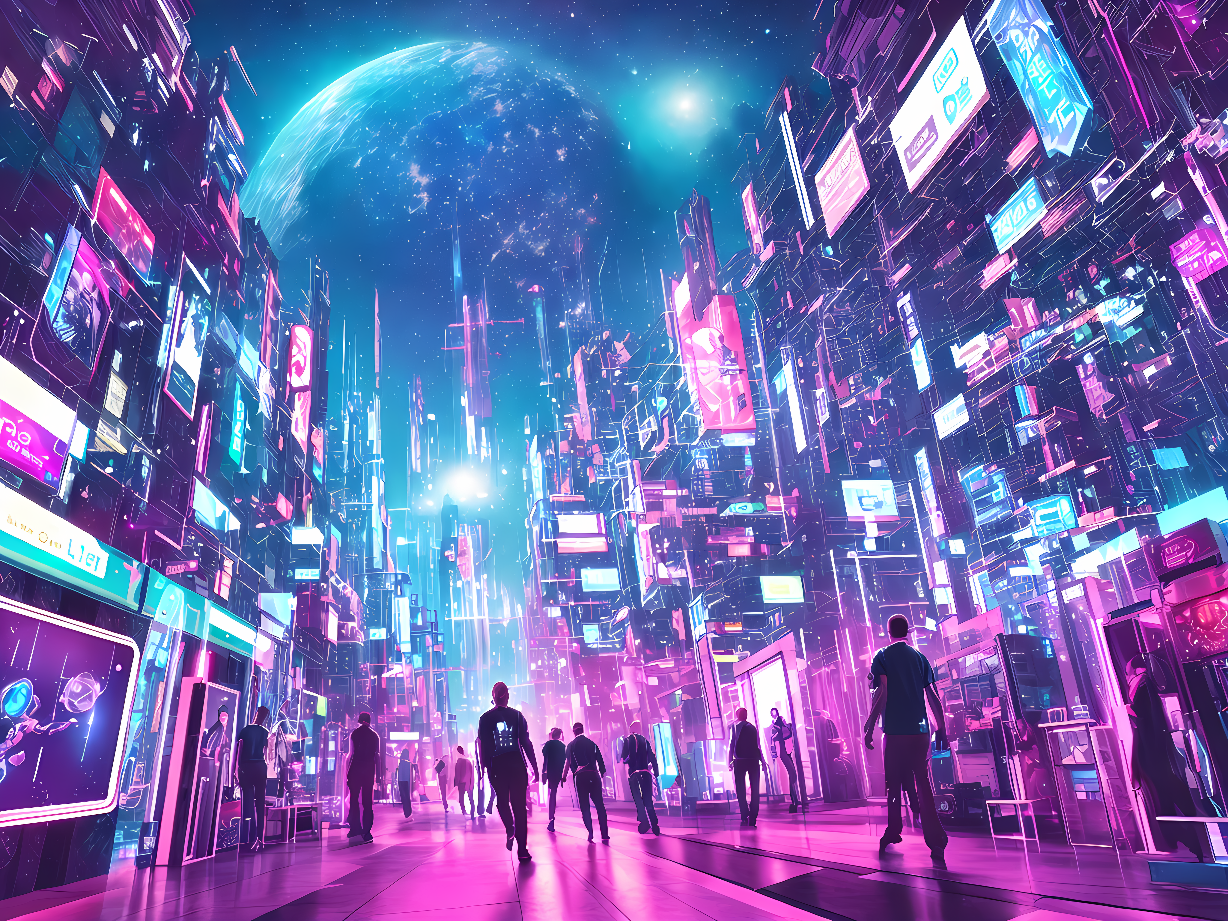 这是一幅赛博朋克风格的未来城市插画，高楼大厦中闪烁着霓虹广告牌，天空中有巨大的行星，人们在街道上行走。