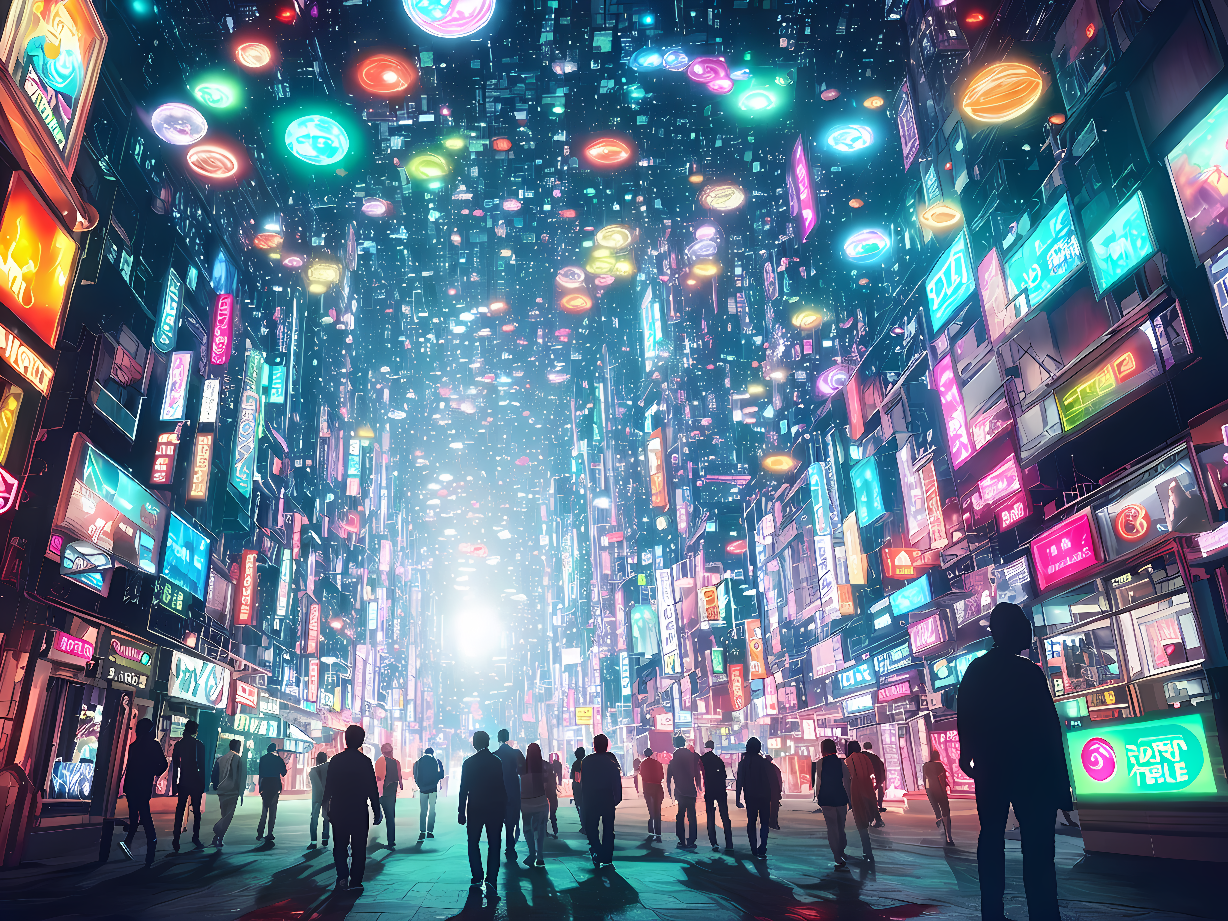 这张图片展示了一条繁忙的都市街道，高楼大厦上布满霓虹灯牌，人们在灯光闪烁中行走，充满了未来感和科幻氛围。