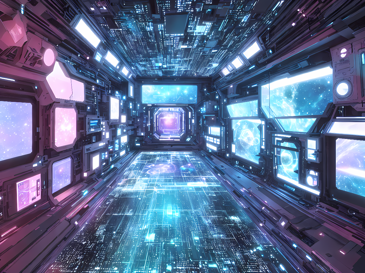 这是一张描绘太空船内部的图片，墙壁上布满了屏幕和控制板，外面是星空，整体科技感十足，色彩以蓝紫为主。