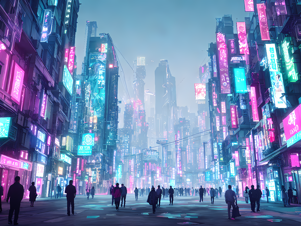 这是一张赛博朋克风格的城市插画，高楼大厦中闪烁着霓虹灯光，街道上人群穿梭，未来感十足。