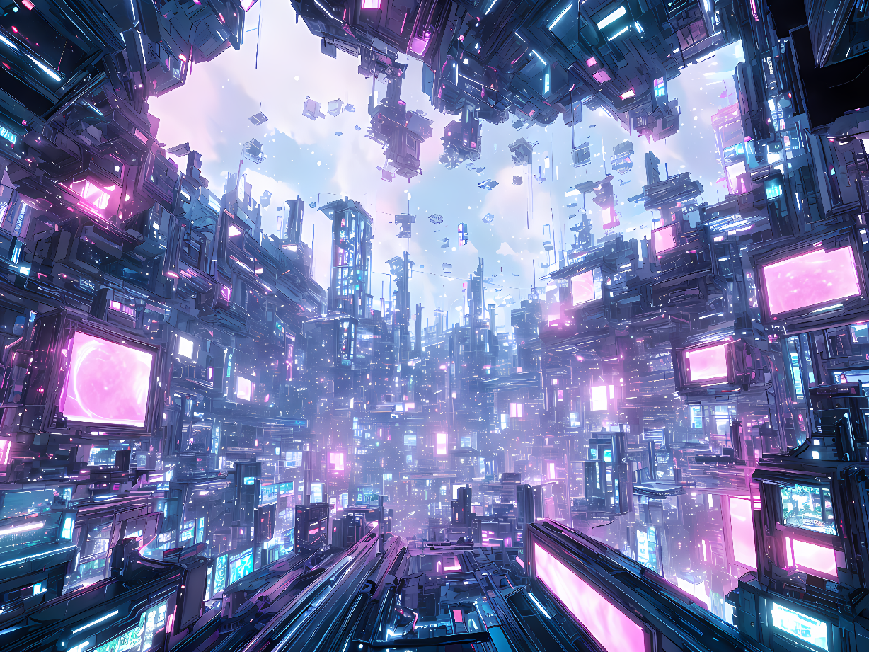 这是一幅展示未来或科幻城市的图像，密集的高科技建筑群中散布着霓虹光辉，呈现出一种繁华而又神秘的氛围。