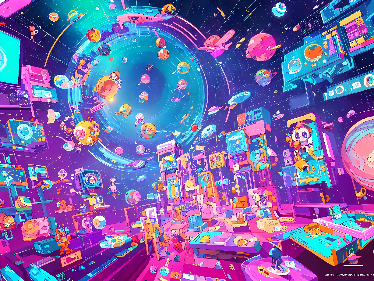 这是一幅色彩鲜艳的科幻风格插画，展示了充满未来科技元素的室内场景，有机器人、飘浮的星球和多样的屏幕设备。