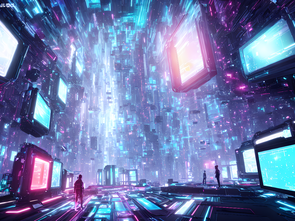 这是一张描绘未来城市风格的数字艺术图。图中有高科技屏幕、霓虹灯光、两个人物站立，充满赛博朋克氛围的虚拟都市景象。