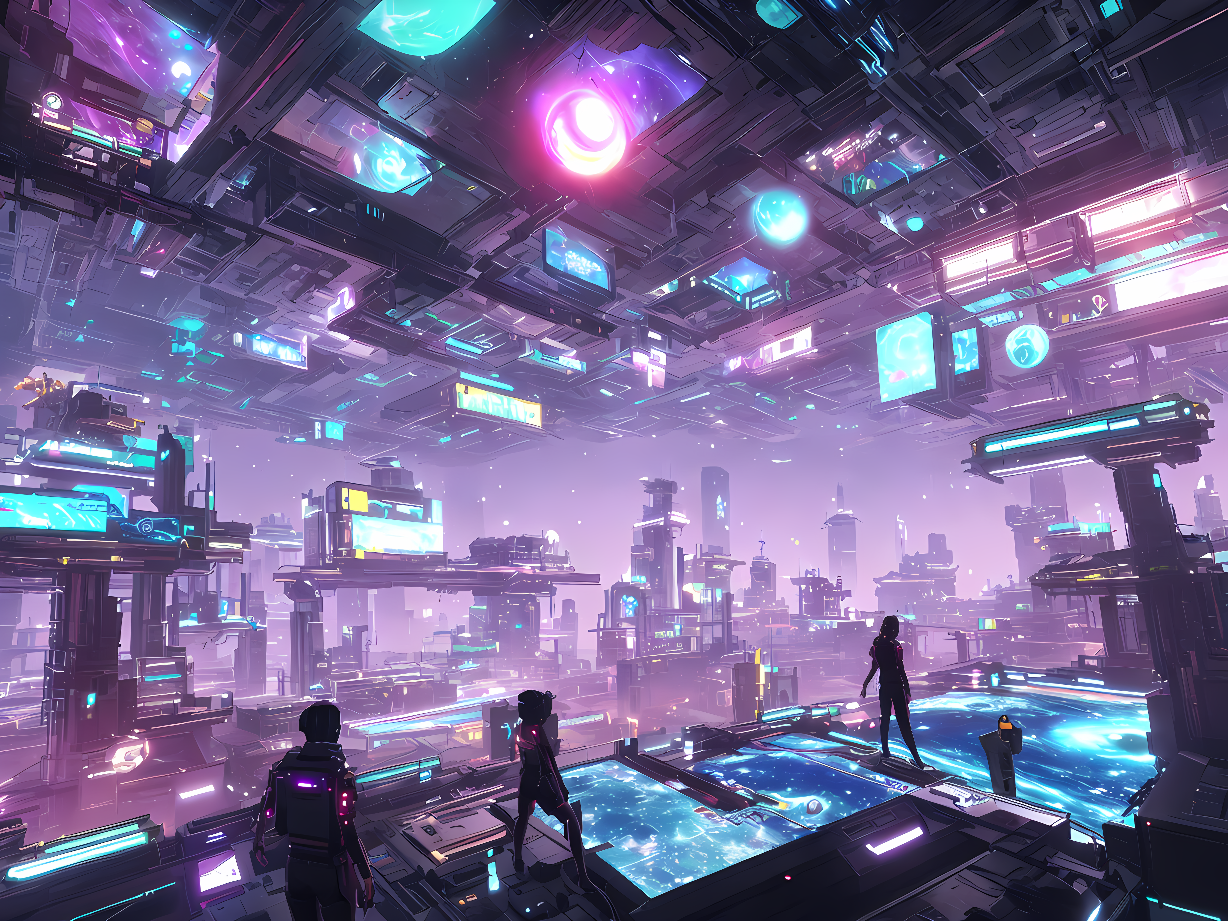 这是一幅描绘未来城市的科幻插画，有着高科技建筑、浮动广告屏和两个观察城市的人物，整个场景色彩斑斓，充满未来感。