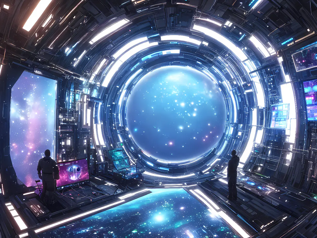图片展示了两个人站在一个高科技空间站内部，前方是一个巨大的观察窗，透过窗户可以看到璀璨的星空。
