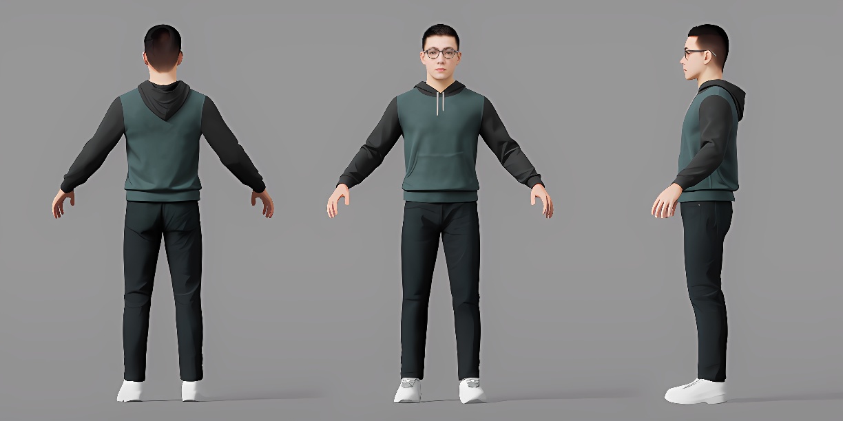 图片展示了一个三维男性模型的三个视角：背面、正面和侧面。他穿着绿色卫衣、黑色裤子和白色鞋子。