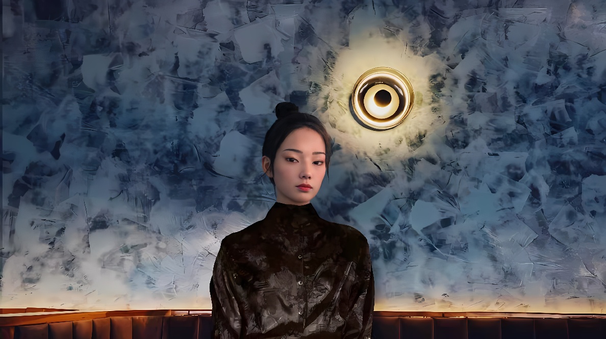 图片展示一位亚洲女性，穿着深色衣服，站在装饰有抽象图案的墙前，头顶一个圆形灯具，表情平静。