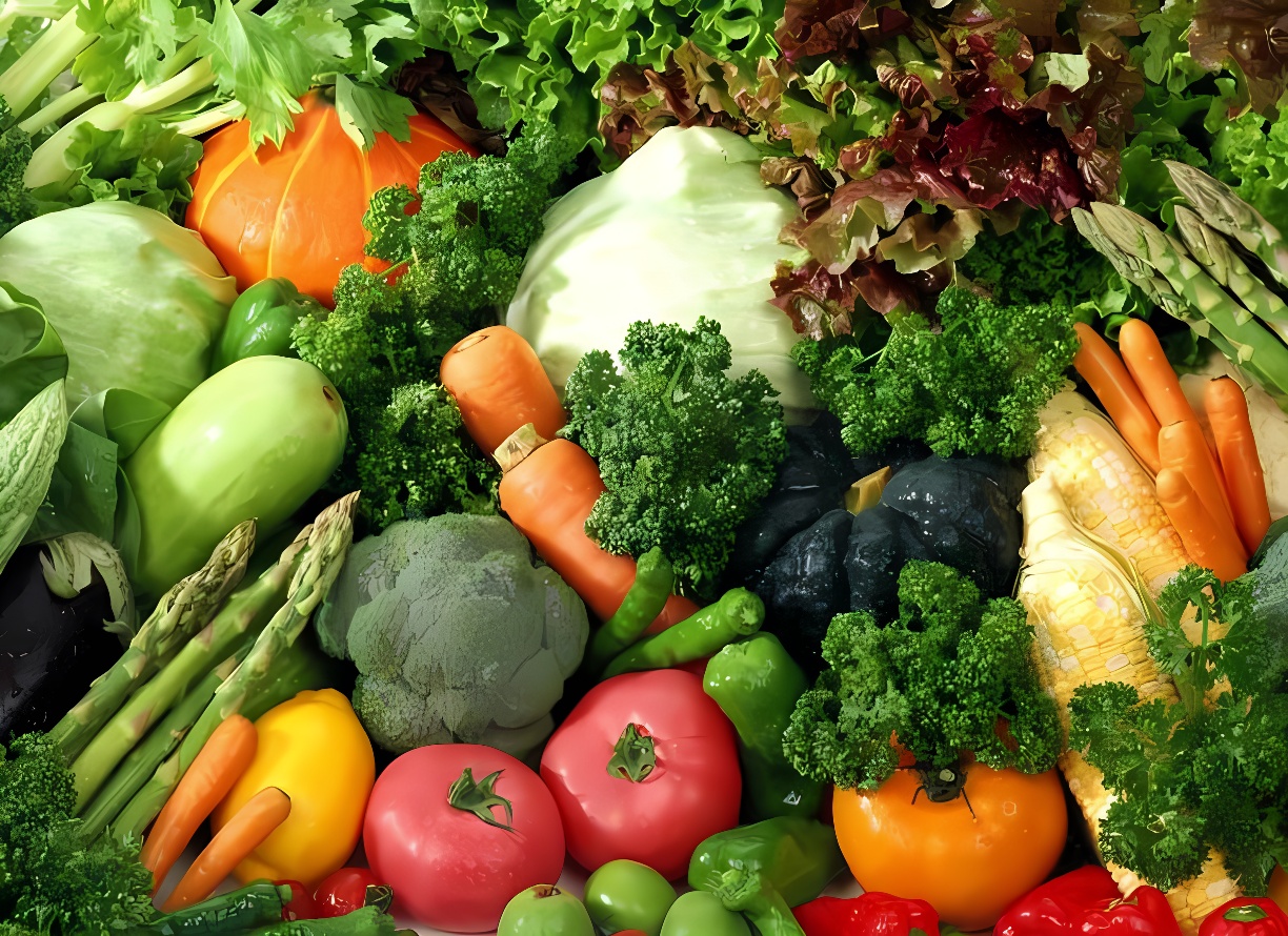 图片展示了多种新鲜蔬菜，包括胡萝卜、西红柿、辣椒、花椰菜等，色彩鲜艳，排列紧密，呈现出健康食品的丰富多样性。