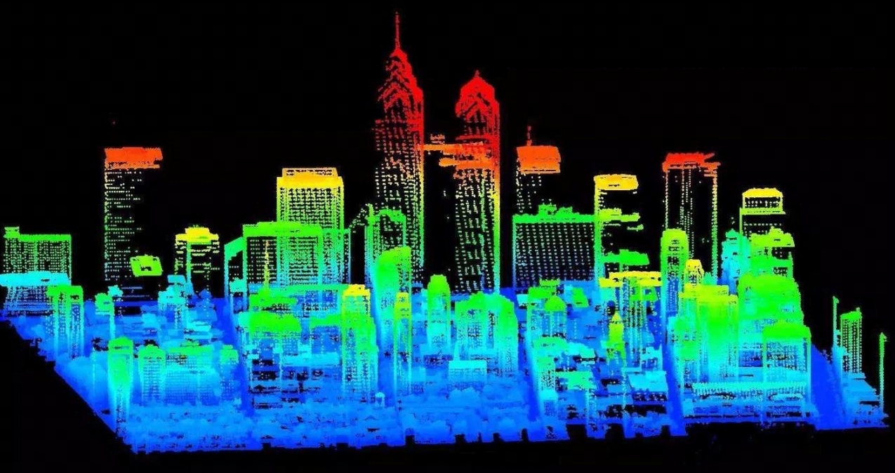 这是一张用彩色数字效果处理过的城市天际线图像，显示了一系列建筑物的轮廓，色彩鲜艳，具有未来感。