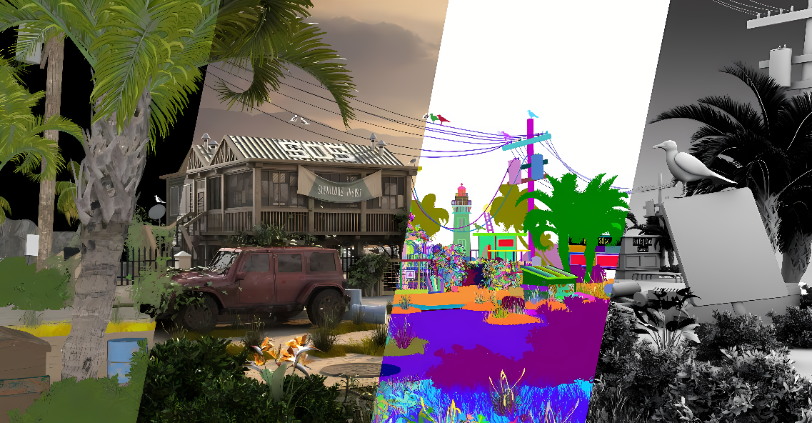 图片显示半边为热带风光，有棕榈树、小屋和车；另半边色彩失真，像是数字化故障的艺术效果。