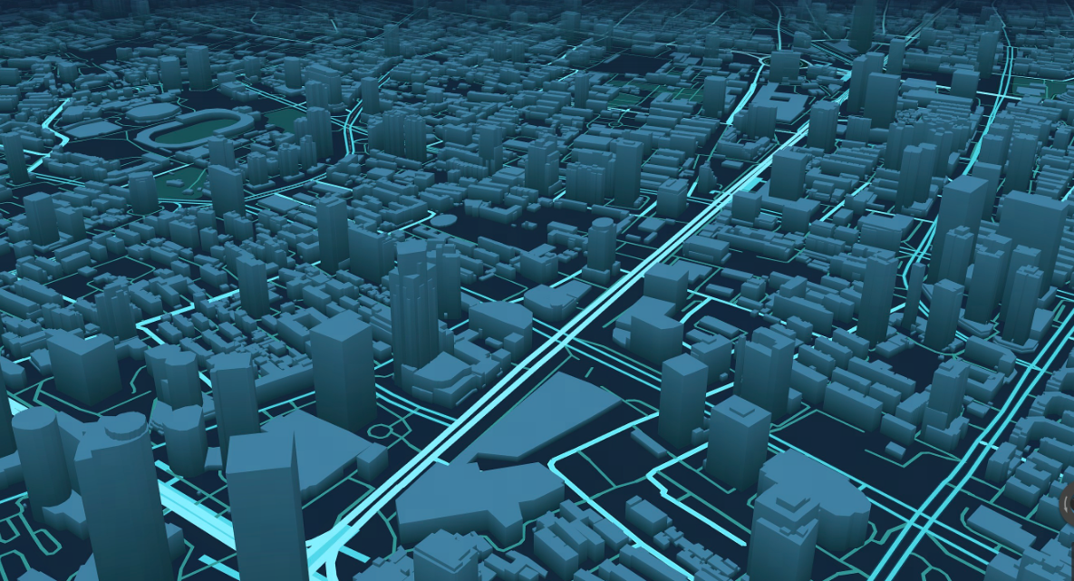这是一张展示未来或虚拟城市的3D图像，以蓝绿色调为主，城市中有高楼大厦和错综复杂的道路。