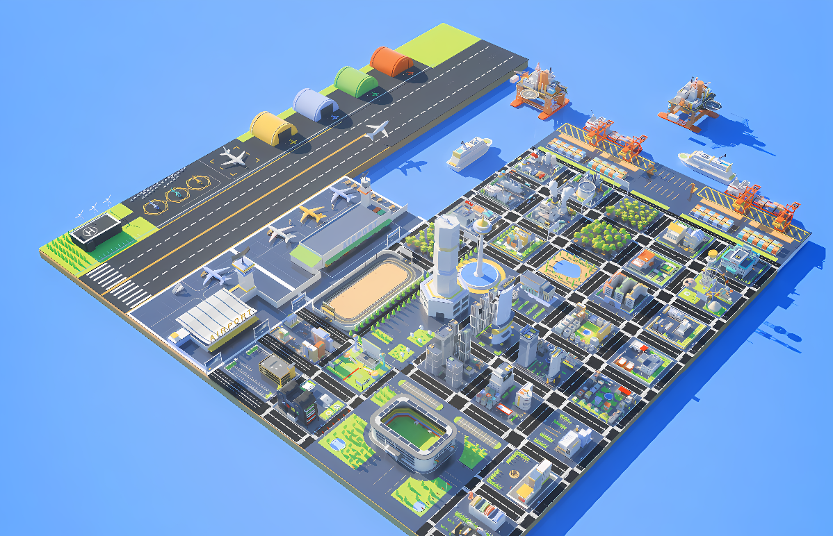 这是一张现代城市模拟图，包含高楼大厦、道路交通、公园绿地和海港设施，色彩鲜明，布局井然有序。