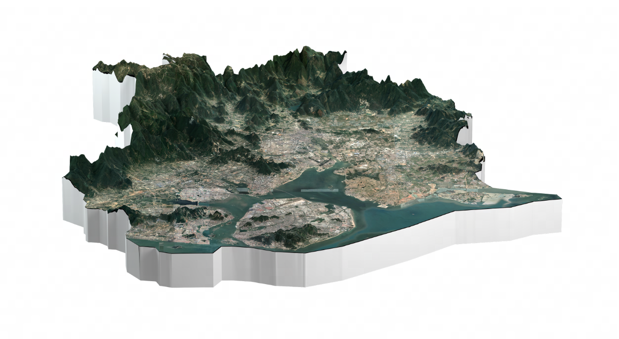 这是一张三维地形图，展示了山脉、城市和水体。图中地形起伏，颜色从绿色到灰色不等，细节丰富。