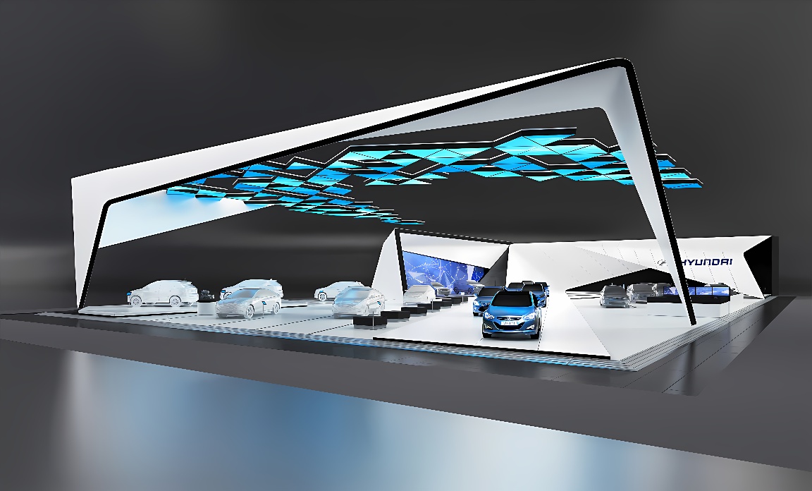 这是一张现代汽车品牌展台的图片，展示了多款车型和未来科技感的设计元素，整体风格现代、科技。