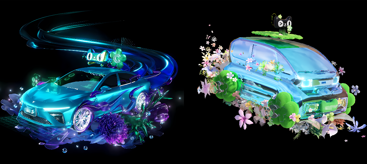 这是两辆设计感强烈的概念车，左边的车呈现出动感的蓝紫色调，右边的车则以自然绿色植物为主题，充满生态和谐感。