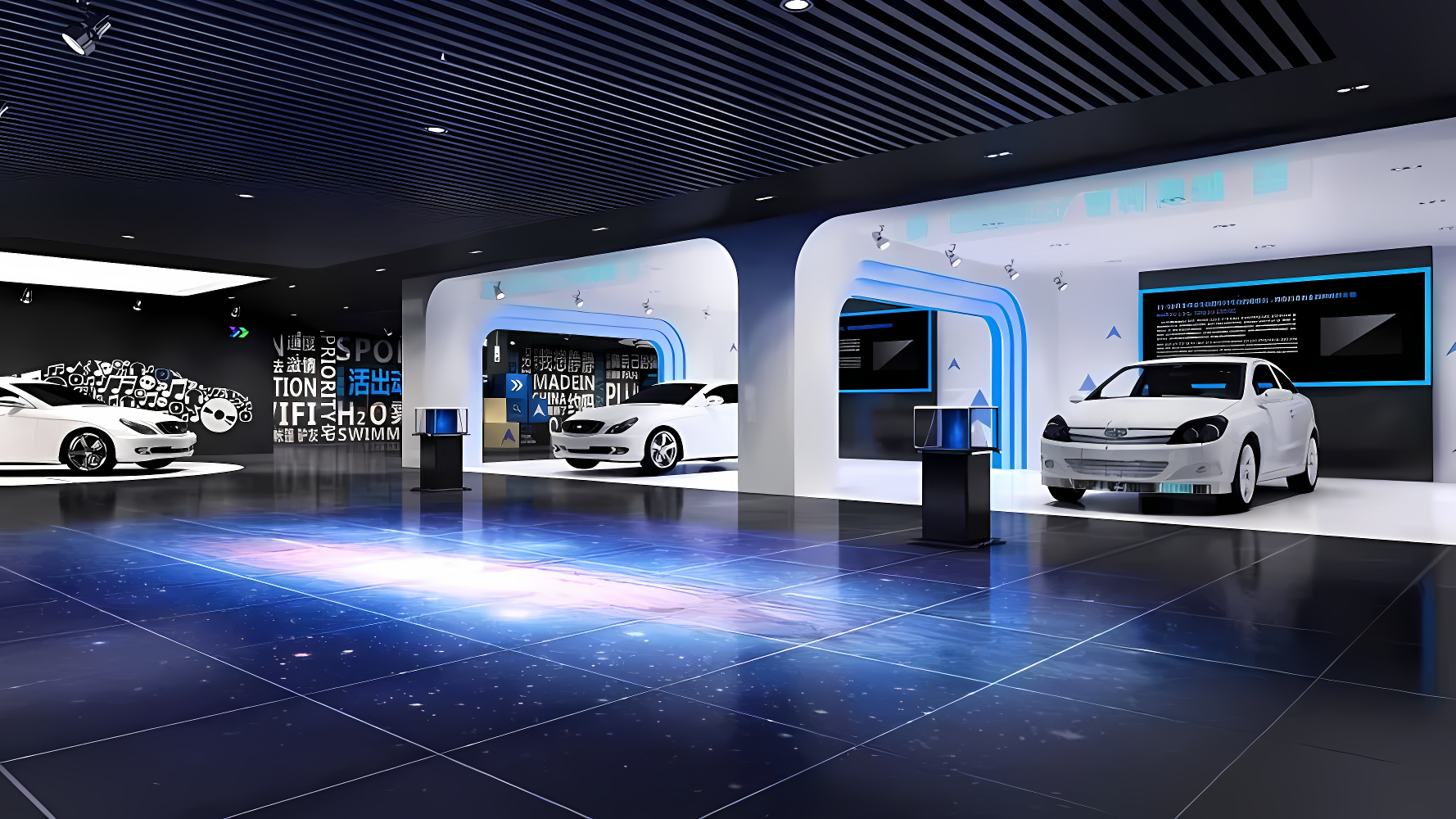 这是一家现代感的汽车展厅，内有多辆车，墙上有解说文字，整体设计科技感强，色调以蓝白为主，地面反光。