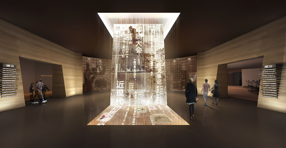 这是一个现代艺术展览空间，中央有一件透明的装置艺术作品，墙面装饰简约，几位观众正在参观欣赏。