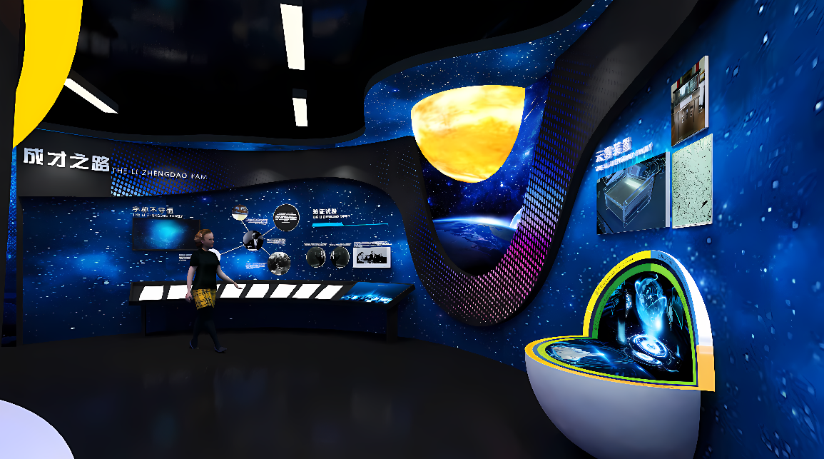 这是一张展示宇宙探索主题展览的图片，内有星球模型、信息展板，一位参观者正在观看，整体色调以蓝黑为主，科技感强烈。