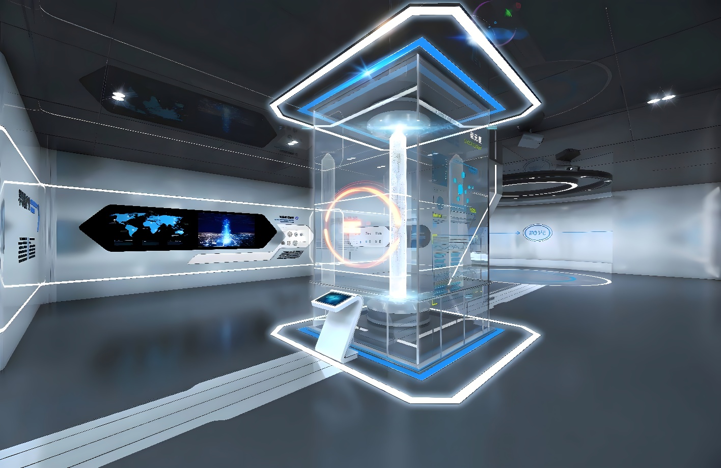这是一张展示现代科技感的室内设计图，中心有未来风格的信息展示柱，周围配备高科技屏幕和清新简洁的装饰风格。