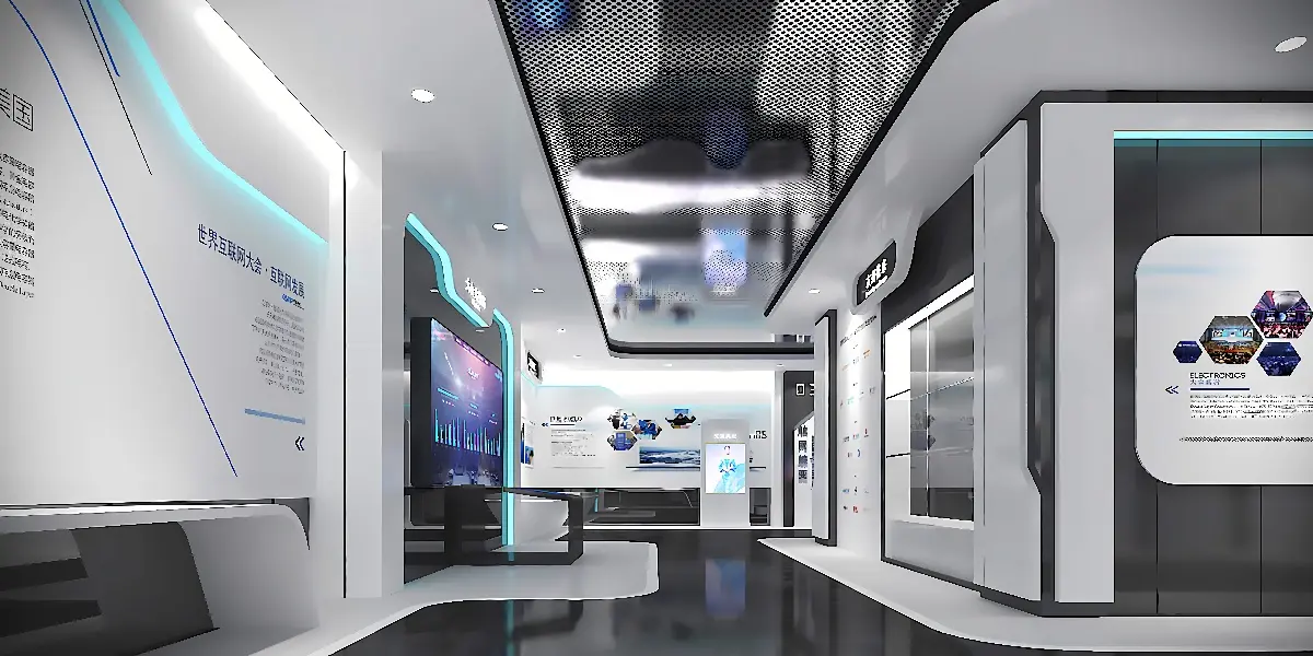 这是一张现代科技感的室内设计效果图，以白色和蓝色为主色调，墙面装饰有屏幕和图文信息。