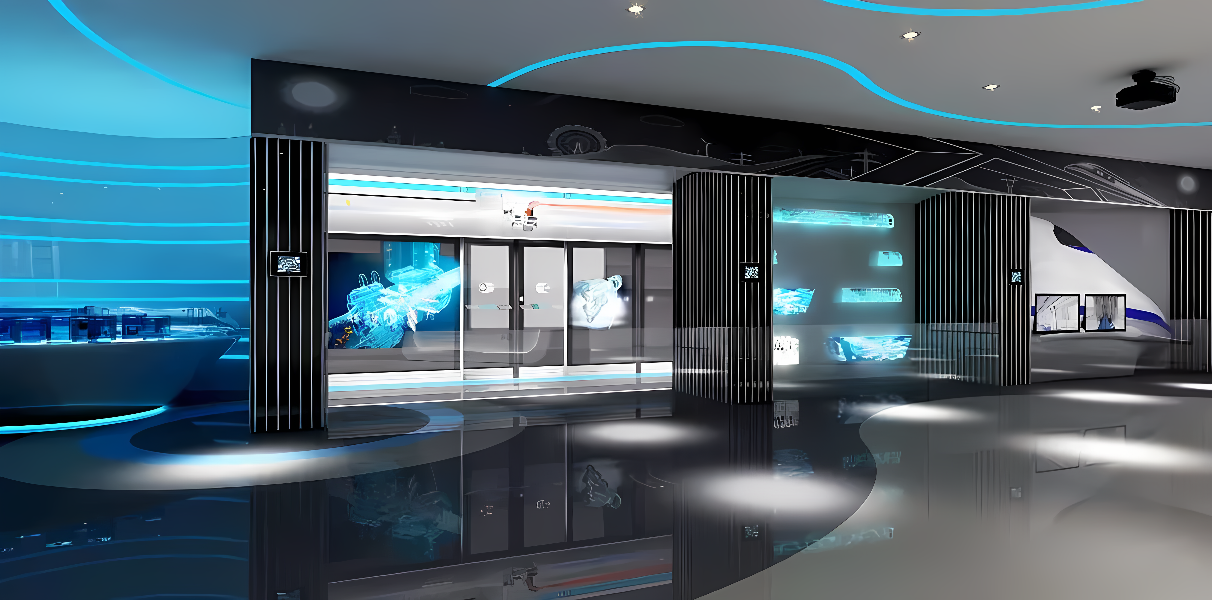这是一张现代科技风格的室内设计图，以蓝色光带为特色，展示了未来感十足的展览空间和互动屏幕。