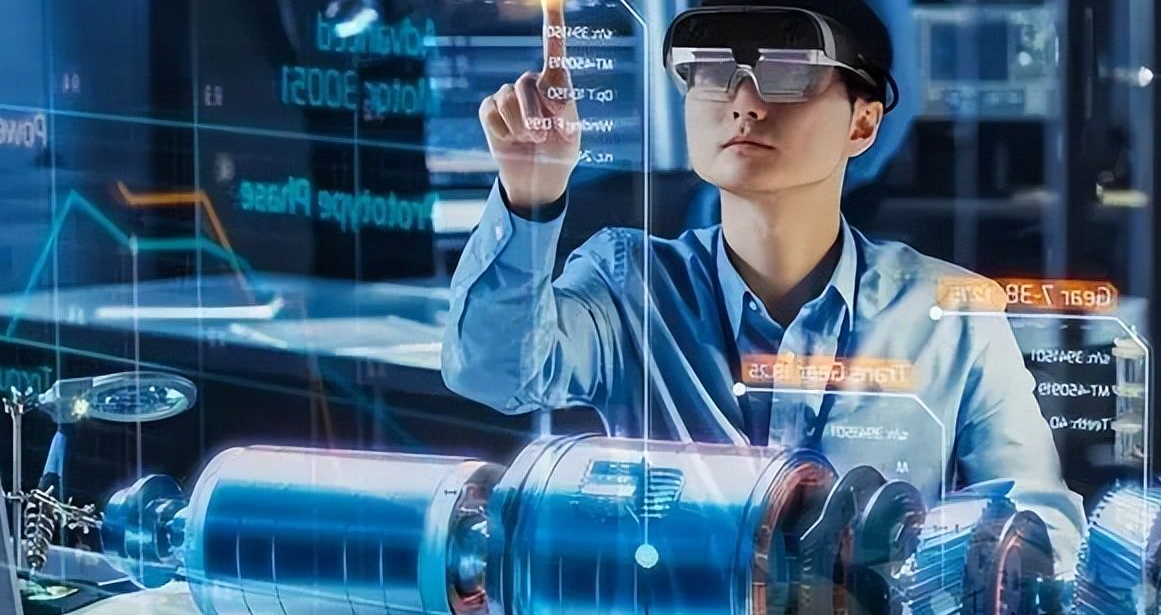 图片展示一位穿着工作服的人戴着头戴式显示设备，正用手指触碰虚拟的图形界面，周围充满了数字化信息。