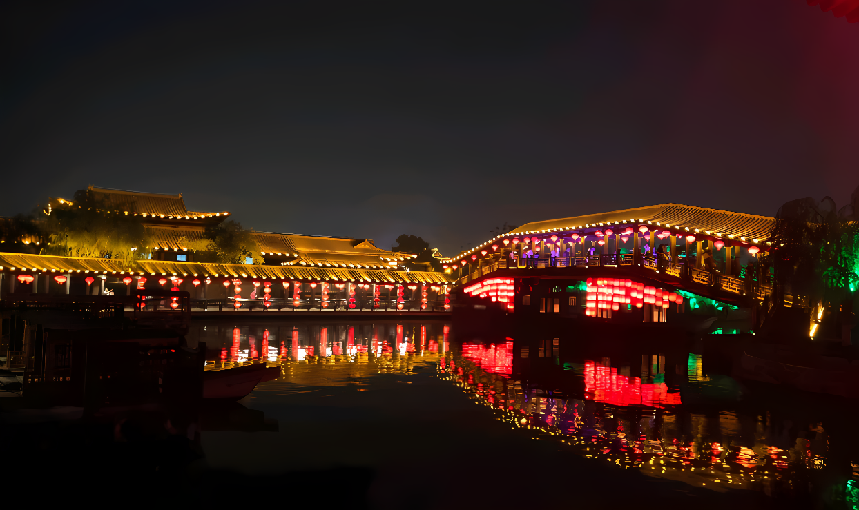 这是一张夜景照片，展示了一座装饰着五彩缤纷灯光的中国风格桥梁，倒映在平静的水面上，周围建筑同样灯火辉煌。