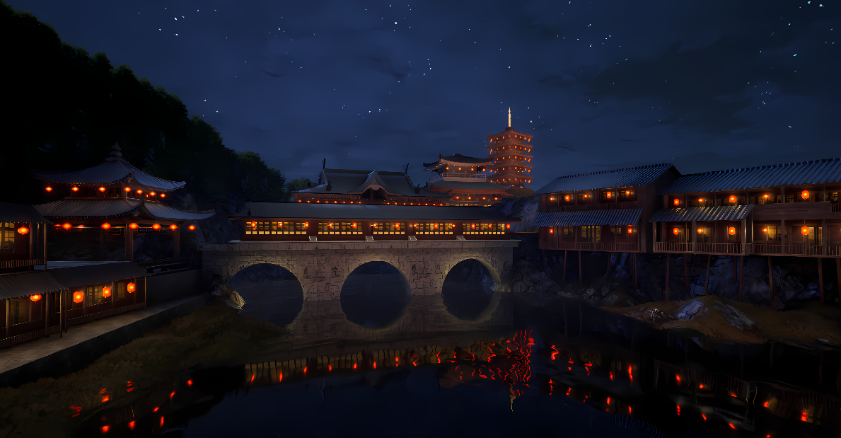 夜晚，星空下，古风建筑群旁，一座石桥横跨静谧的河面，河中映着灯光，周围环境宁静美丽，古色古香。