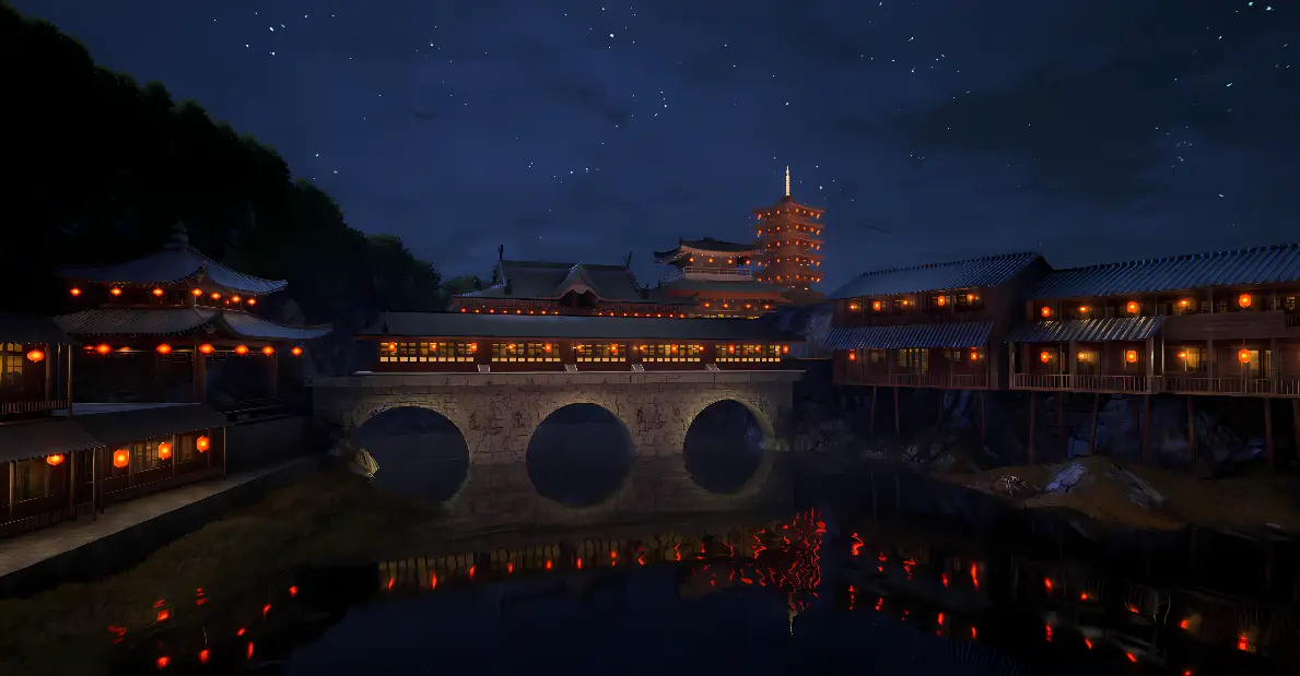 夜晚，灯火辉煌的古风建筑群倒映在平静的河水中，一座石桥横跨两岸，远处高塔耸立，星空璀璨，增添了幽静祥和的氛围。