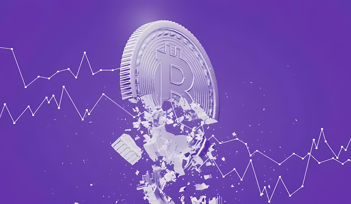 这张图片展示了一个比特币符号正在破碎，背景是紫色调，有波动的线条象征可能的市场波动。