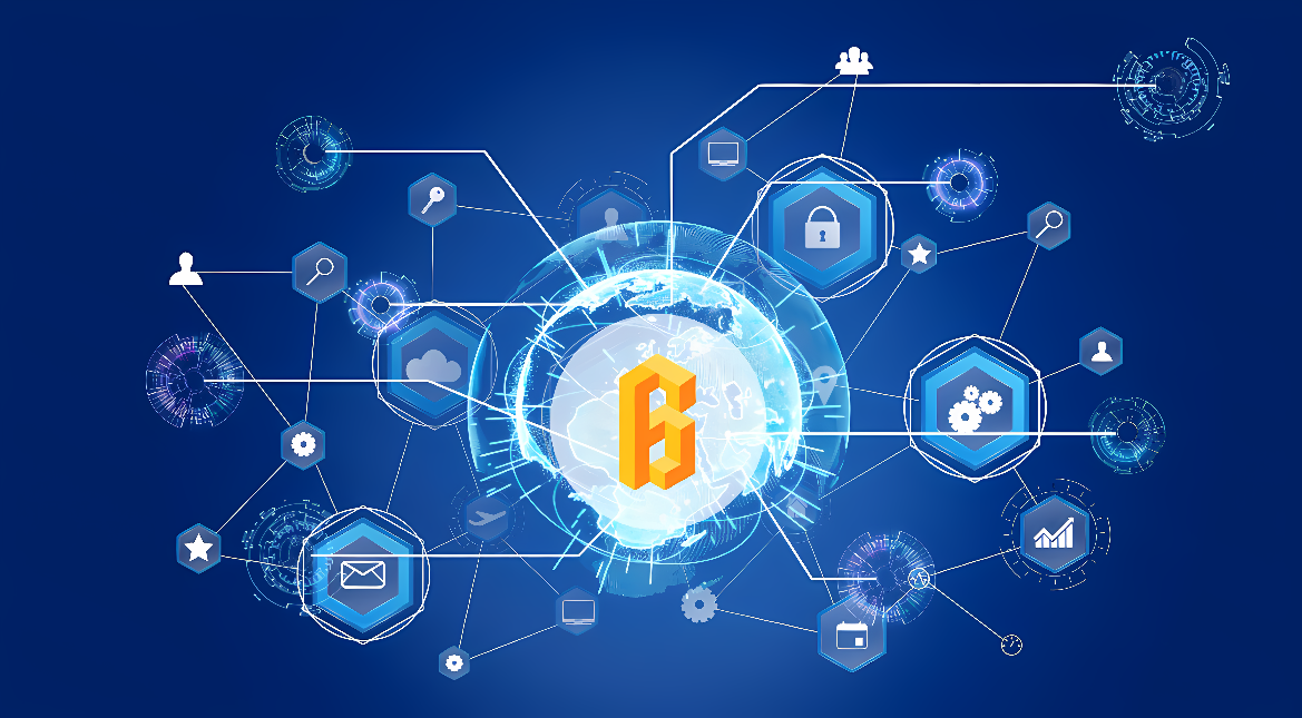 这是一张描绘比特币和区块链技术的图片，展示了加密货币网络和与之相关的多种符号，如安全锁、云计算和各类网络图标。