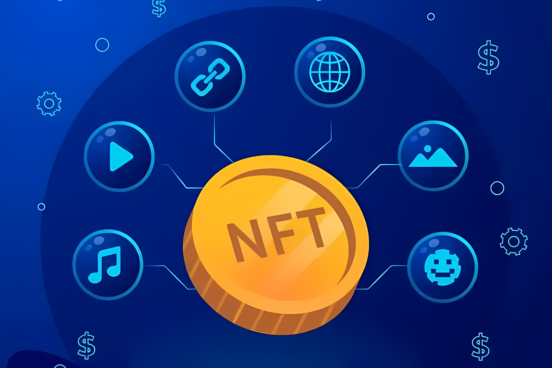 这张图片展示了一个代表NFT（非同质化代币）的金色硬币，周围有多个符号，包括音乐、视频、图片和地球等元素，背景是深蓝色。