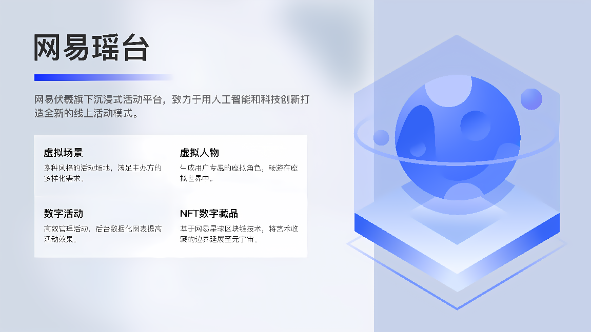 这是一张展示“网易云音乐”产品功能介绍的图片，其中包含蓝色调的图标和中文文字说明。图标呈现音乐元素，设计简洁现代。