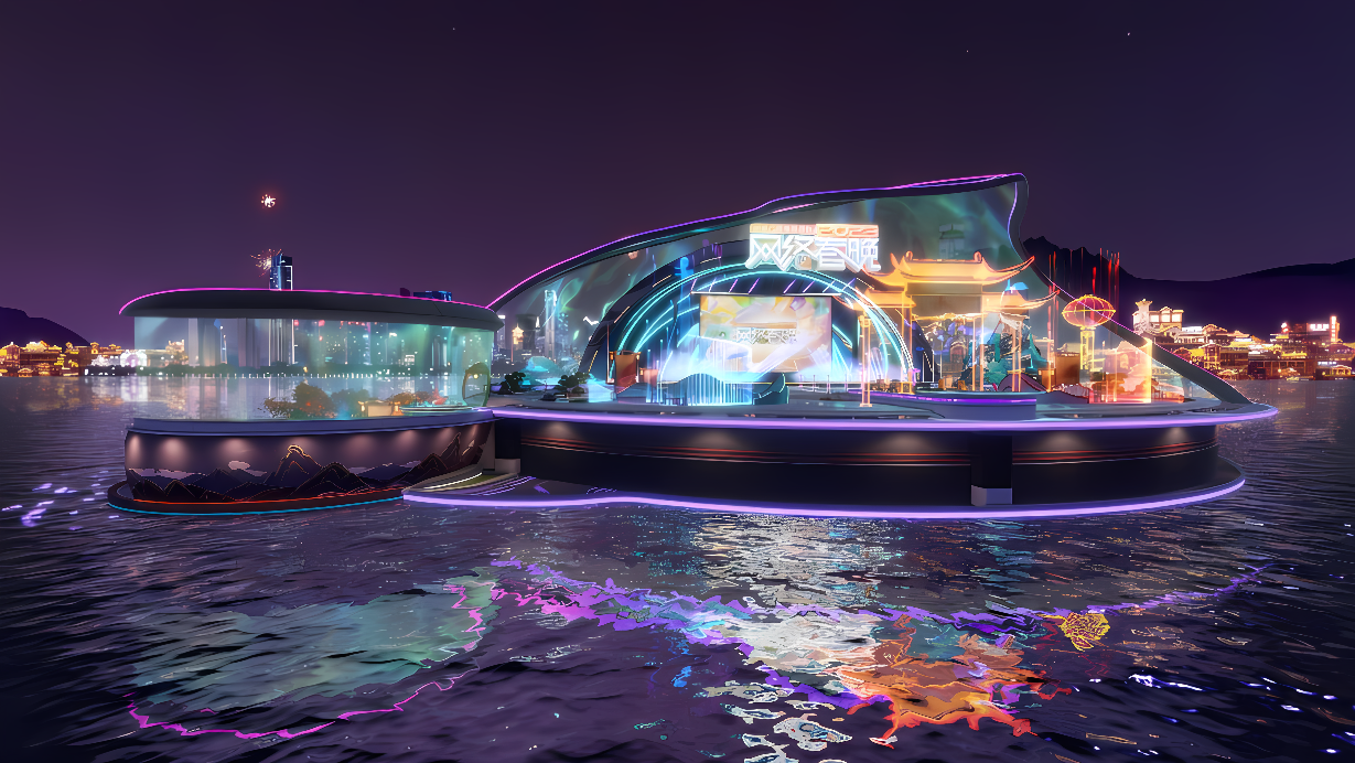 这是一张展示未来城市夜景的图片，有现代感建筑，五彩斑斓的灯光反射在水面上，营造出科幻般的氛围。