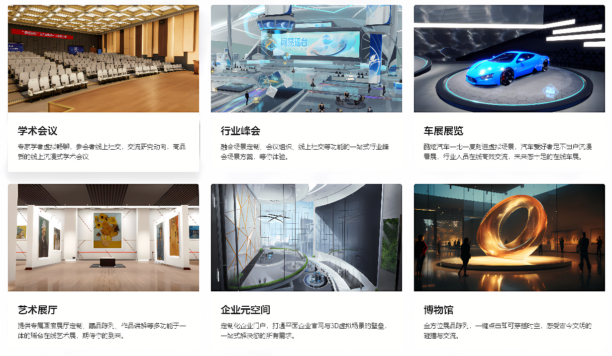 图片展示了六个场景：会议室、展览中心、蓝色汽车展台、画廊、现代化办公空间和艺术装置。每个场景都体现了现代设计和技术。