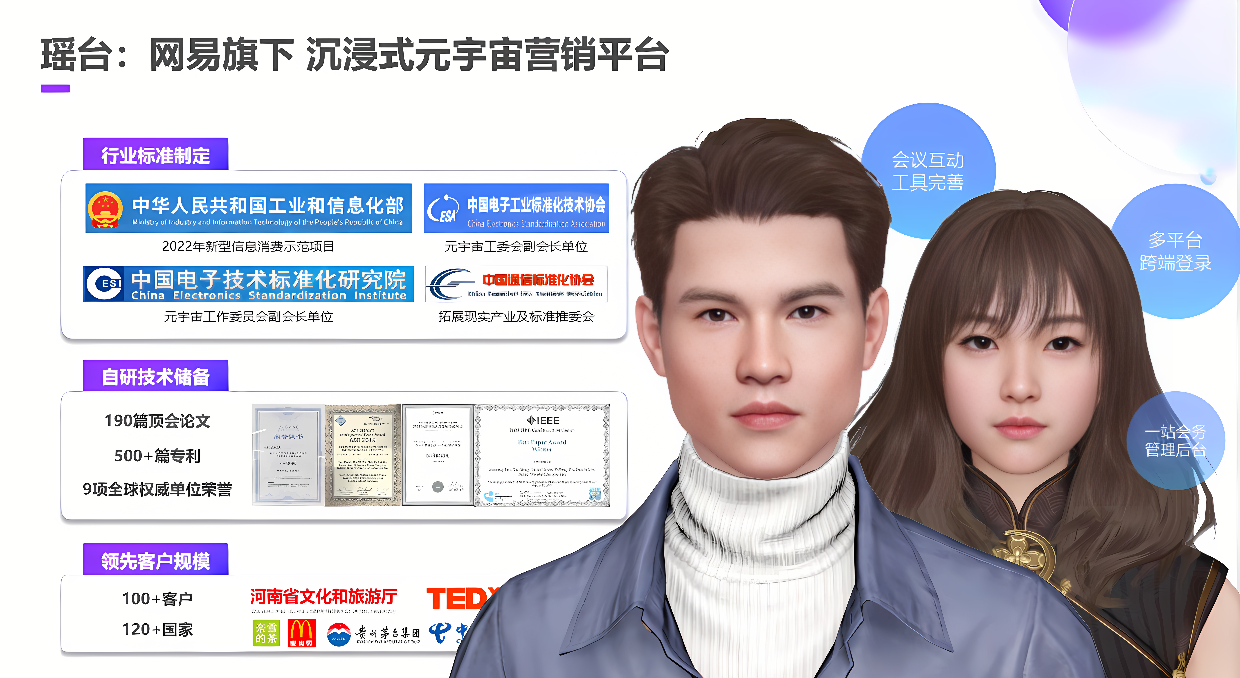 图片展示两个虚拟人物头像，男性左侧，女性右侧，背景含有文字及图标，涉及教育培训信息。
