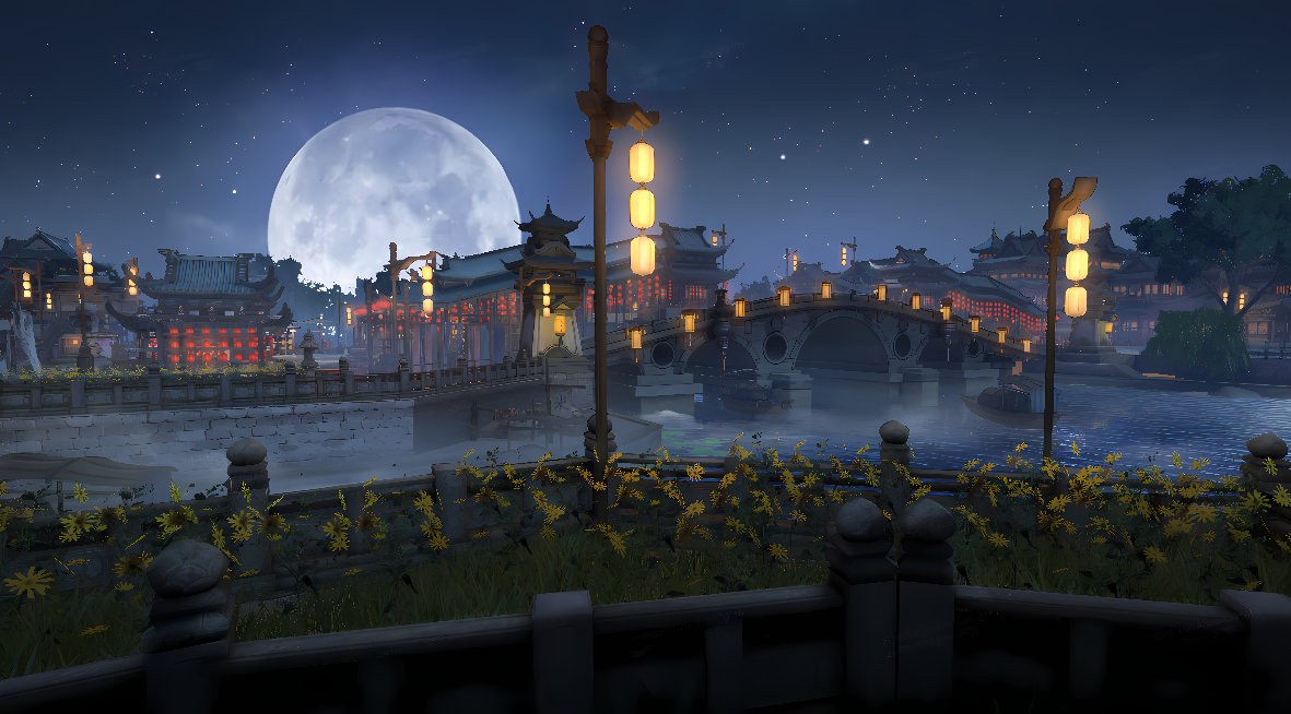 这是一幅东亚风格的夜景图，有一座石桥，河流，灯笼，满月高悬，周围建筑古色古香，氛围宁静祥和。