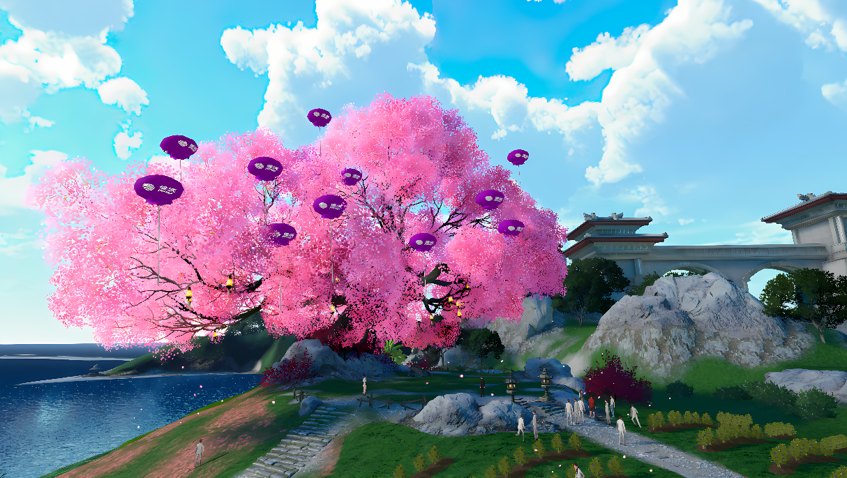 图片展示了盛开的粉红色樱花树，蓝天下，几位人物在树下散步，背景有建筑和山丘。