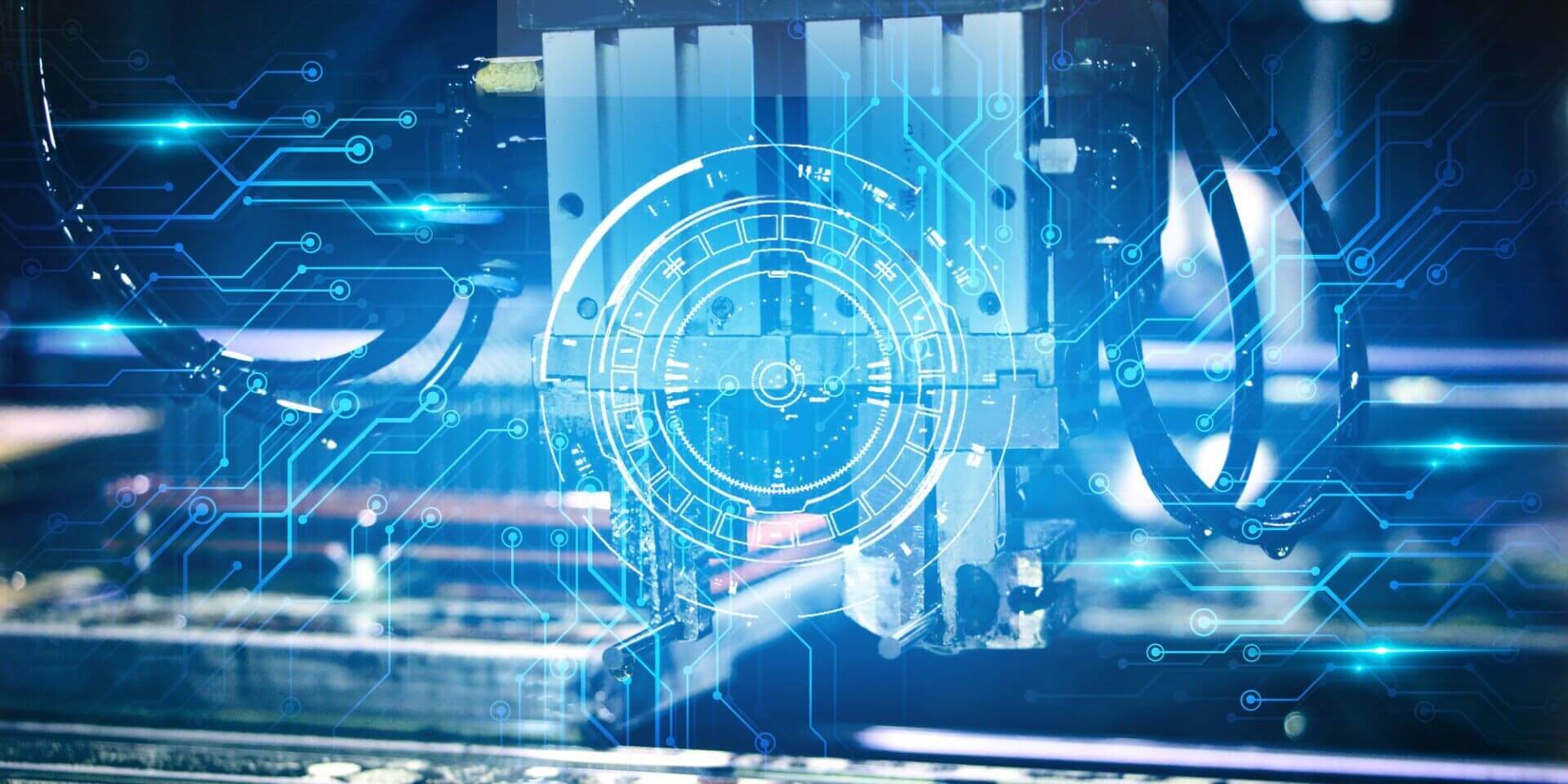 这张图片展示了一台工业机械臂在高科技背景下工作，图中有数字化界面和蓝色光线，给人一种未来工业自动化的感觉。