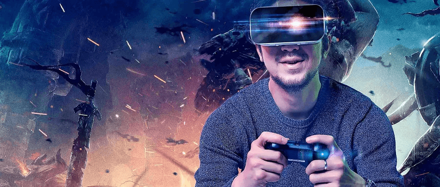 图片展示一位男士戴着虚拟现实头盔，手持游戏控制器，背景有碎片效果，暗示虚拟游戏的沉浸感和动感。