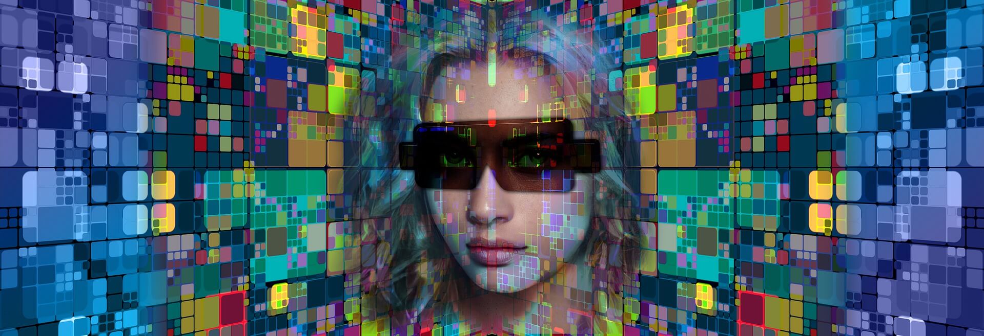 图片展示了一位戴着墨镜的女性面部，背景是由多彩像素方块组成的数字化图案。