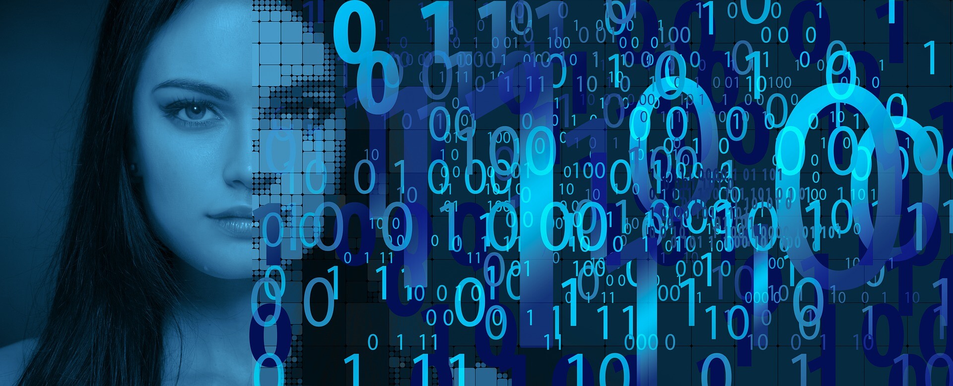 图片展示了一位女性的侧脸，背景是蓝色调的数字和锁形符号，暗示着网络安全或数据保护的主题。