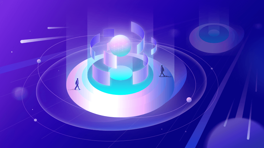 这是一张描绘未来科技感的数字艺术图，中央有发光的圆形结构，周围环绕着小球体和两个人形轮廓。色彩以紫蓝为主。