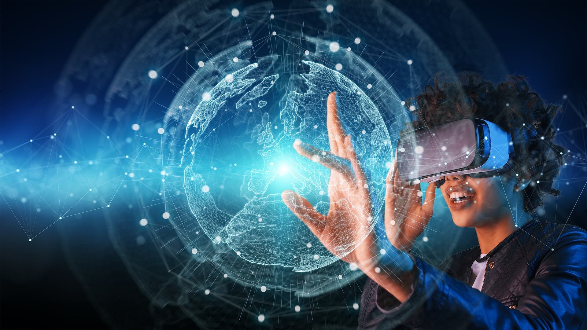 图片展示了一位戴着虚拟现实头盔的人，正用手触摸着面前虚拟的三维地球仪，表情专注，科技感十足。